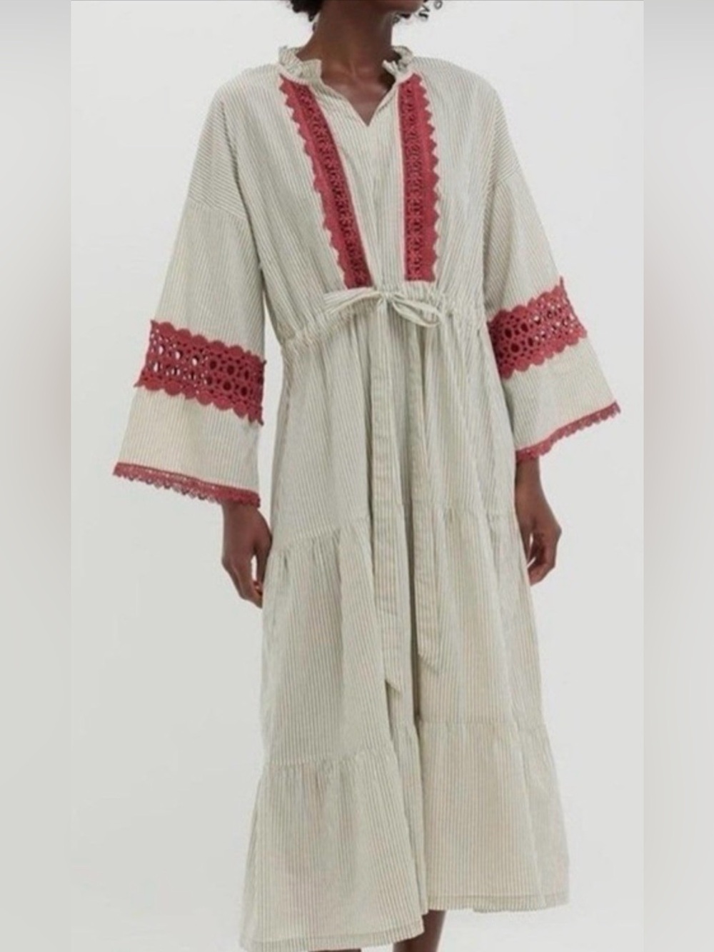 Tuckernuck Tan-White Striped Dress with Rust Crochet Trim